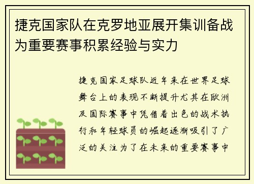 捷克国家队在克罗地亚展开集训备战为重要赛事积累经验与实力