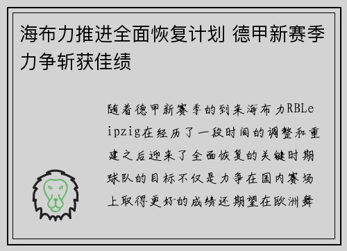 海布力推进全面恢复计划 德甲新赛季力争斩获佳绩