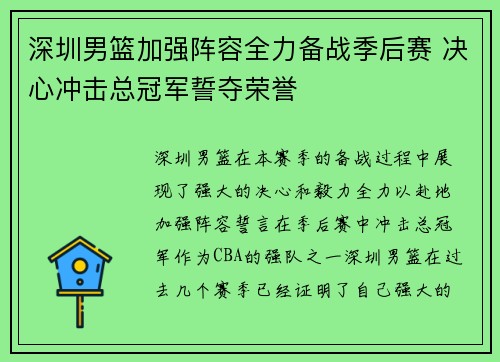 深圳男篮加强阵容全力备战季后赛 决心冲击总冠军誓夺荣誉