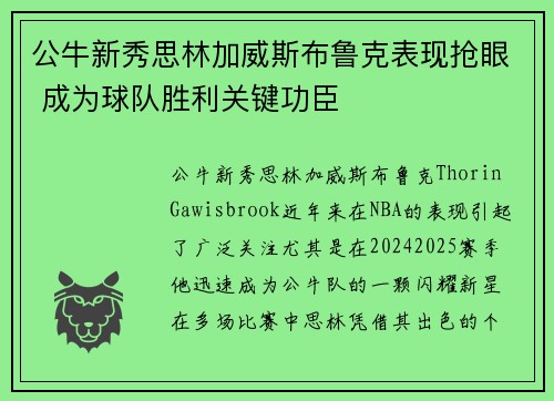 公牛新秀思林加威斯布鲁克表现抢眼 成为球队胜利关键功臣