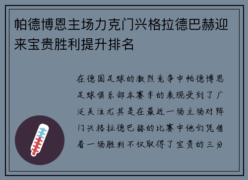 帕德博恩主场力克门兴格拉德巴赫迎来宝贵胜利提升排名