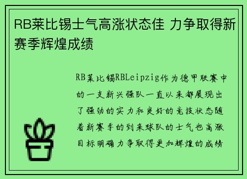 RB莱比锡士气高涨状态佳 力争取得新赛季辉煌成绩