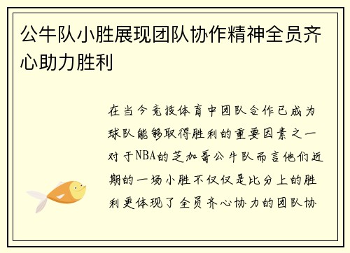 公牛队小胜展现团队协作精神全员齐心助力胜利