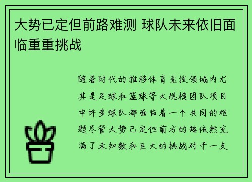 大势已定但前路难测 球队未来依旧面临重重挑战