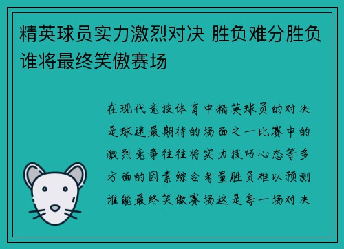 精英球员实力激烈对决 胜负难分胜负谁将最终笑傲赛场