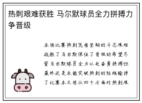热刺艰难获胜 马尔默球员全力拼搏力争晋级
